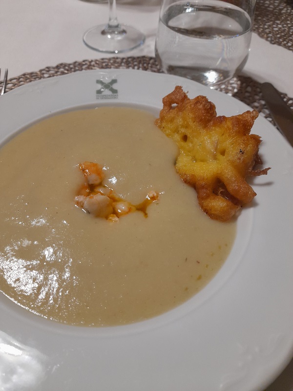 creamy artichoke soup with prawns and cod fritter, Restaurante Doña Mariana